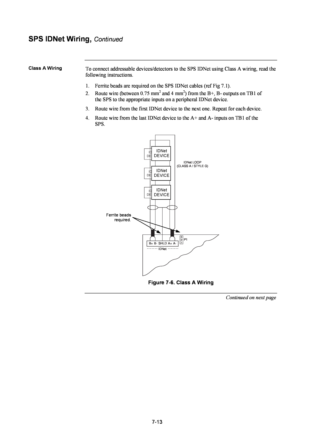 Tyco 4100U installation manual SPS IDNet Wiring, Continued, 6.Class A Wiring, Continued on next page 