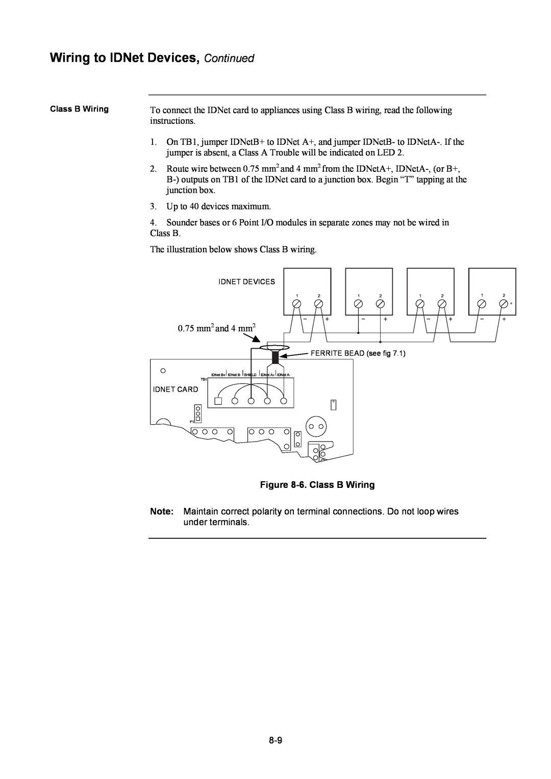 Tyco 4100U installation manual Wiring to IDNet Devices, Continued, 6.Class B Wiring 