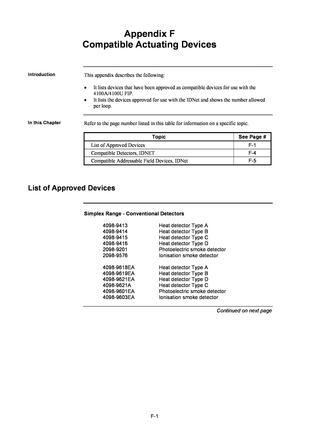 Tyco 4100U Appendix F Compatible Actuating Devices, List of Approved Devices, Topic, See Page #, Continued on next page 