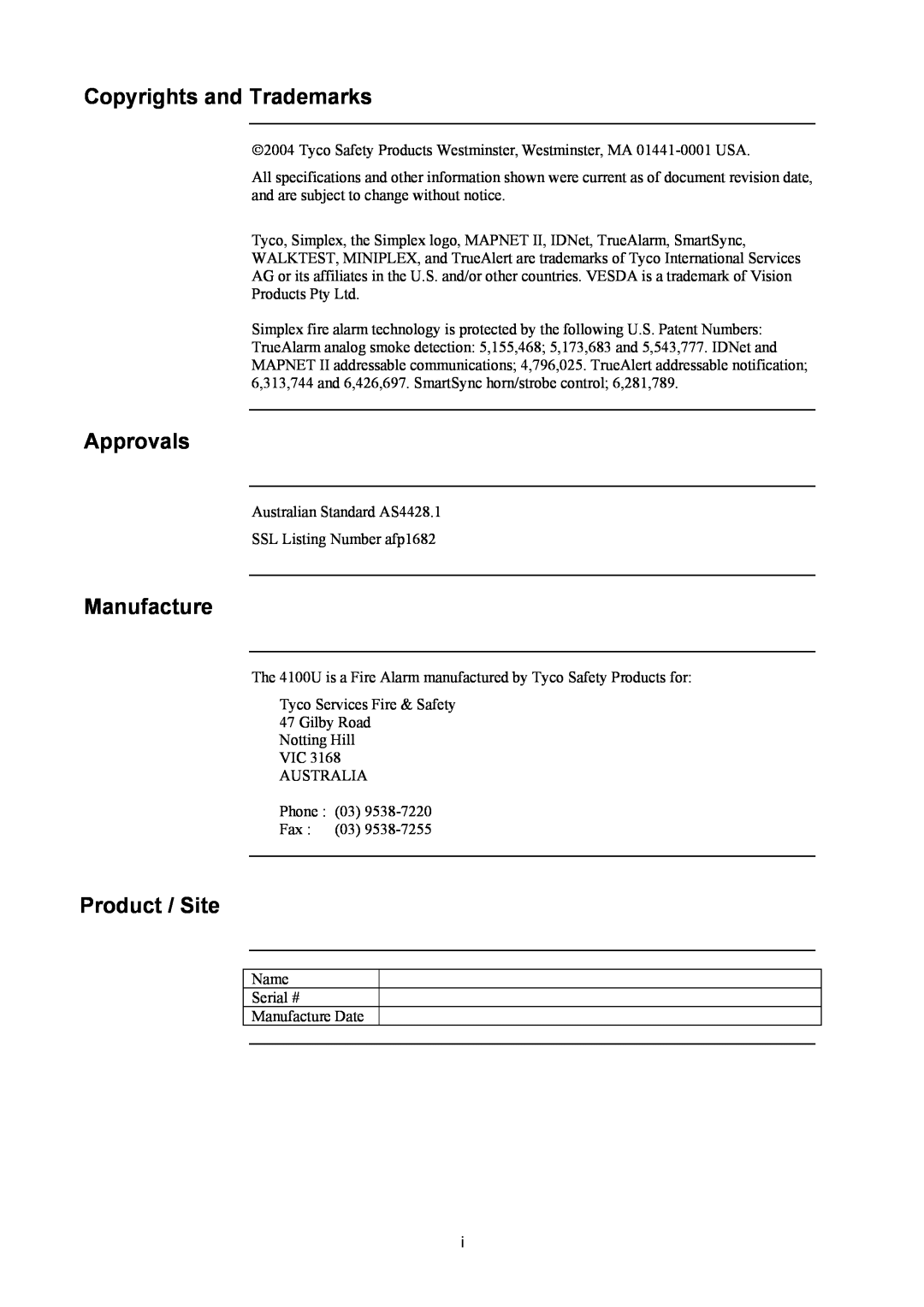 Tyco 4100U installation manual Copyrights and Trademarks, Approvals, Manufacture, Product / Site 