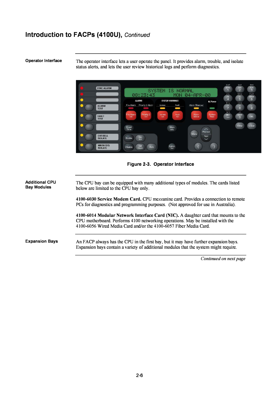 Tyco Introduction to FACPs 4100U, Continued, 3.Operator Interface, Continued on next page, Expansion Bays 