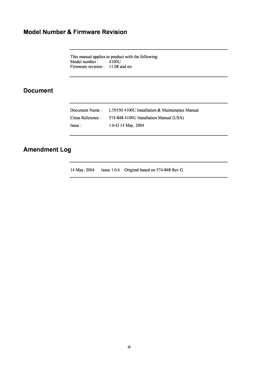 Tyco 4100U installation manual Model Number & Firmware Revision, Document, Amendment Log 