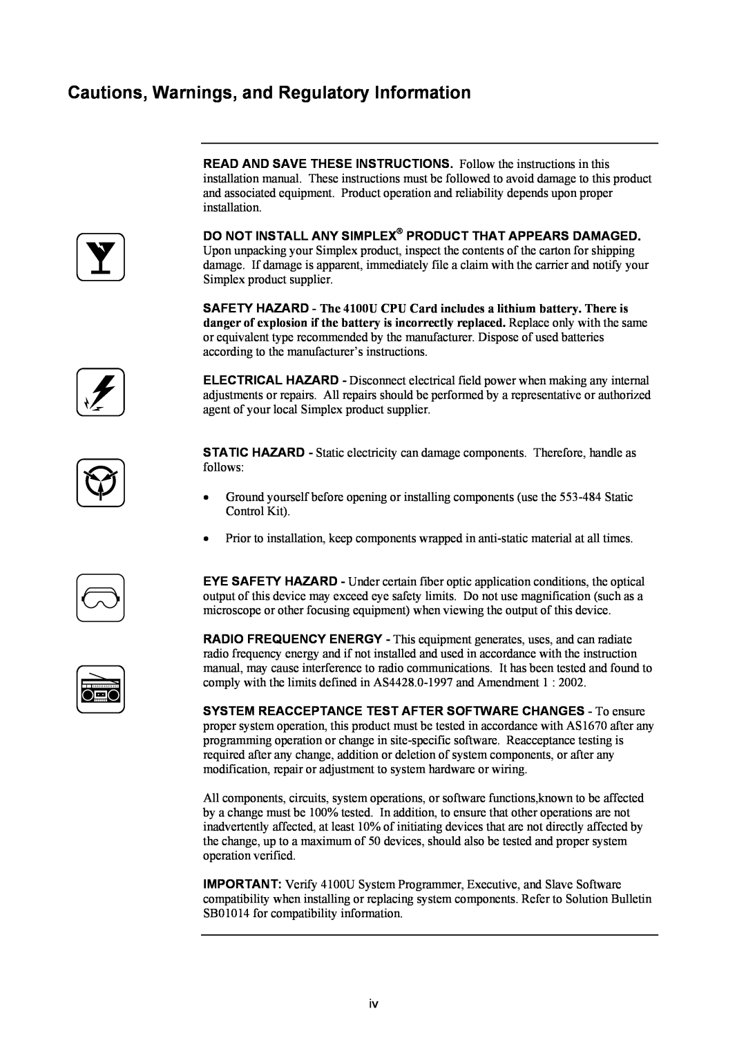 Tyco 4100U installation manual Cautions, Warnings, and Regulatory Information 