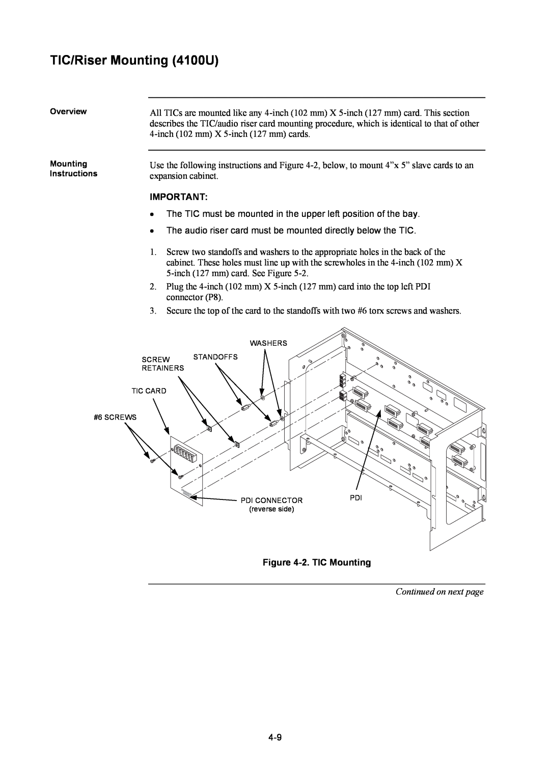 Tyco installation manual TIC/Riser Mounting 4100U, 2.TIC Mounting, Continued on next page 