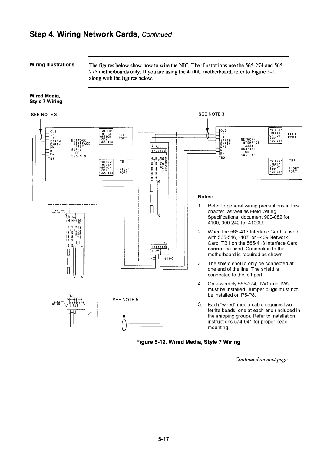 Tyco 4100U Wiring Network Cards, Continued, 12.Wired Media, Style 7 Wiring, Continued on next page, Notes 
