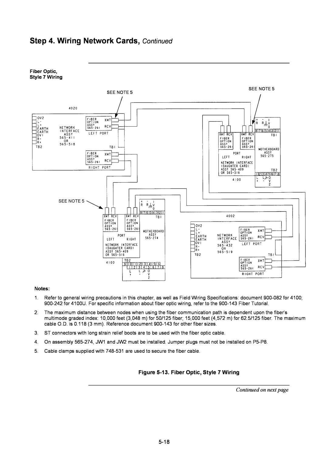 Tyco 4100U Wiring Network Cards, Continued, 13.Fiber Optic, Style 7 Wiring, Continued on next page, Notes 