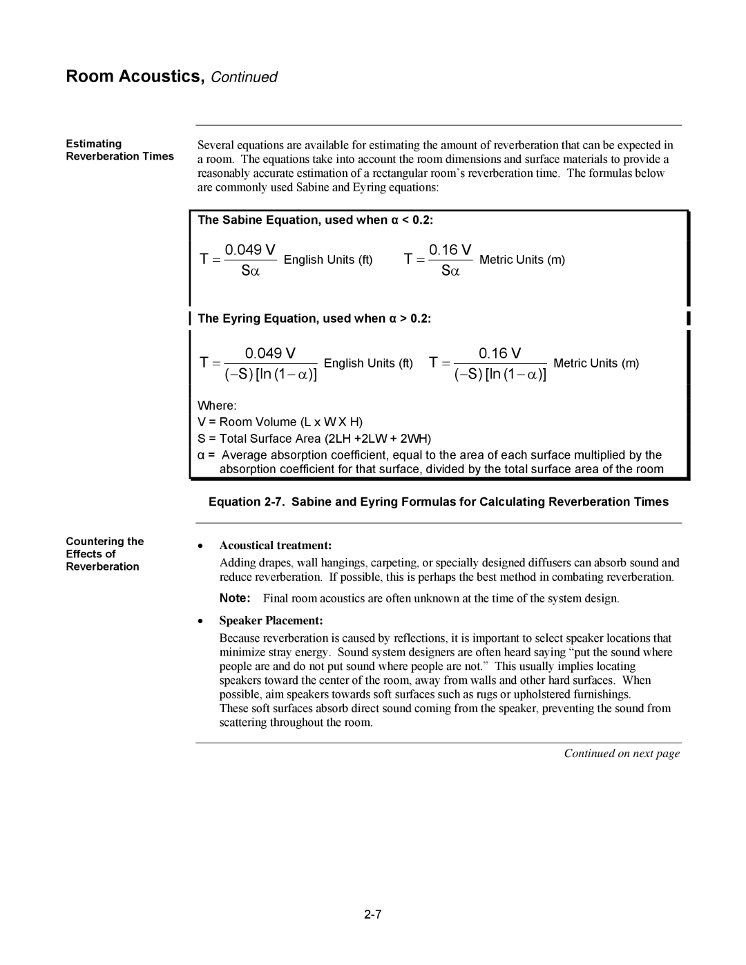 Tyco 579-769 specifications Sabine Equation, used when α, Eyring Equation, used when α 