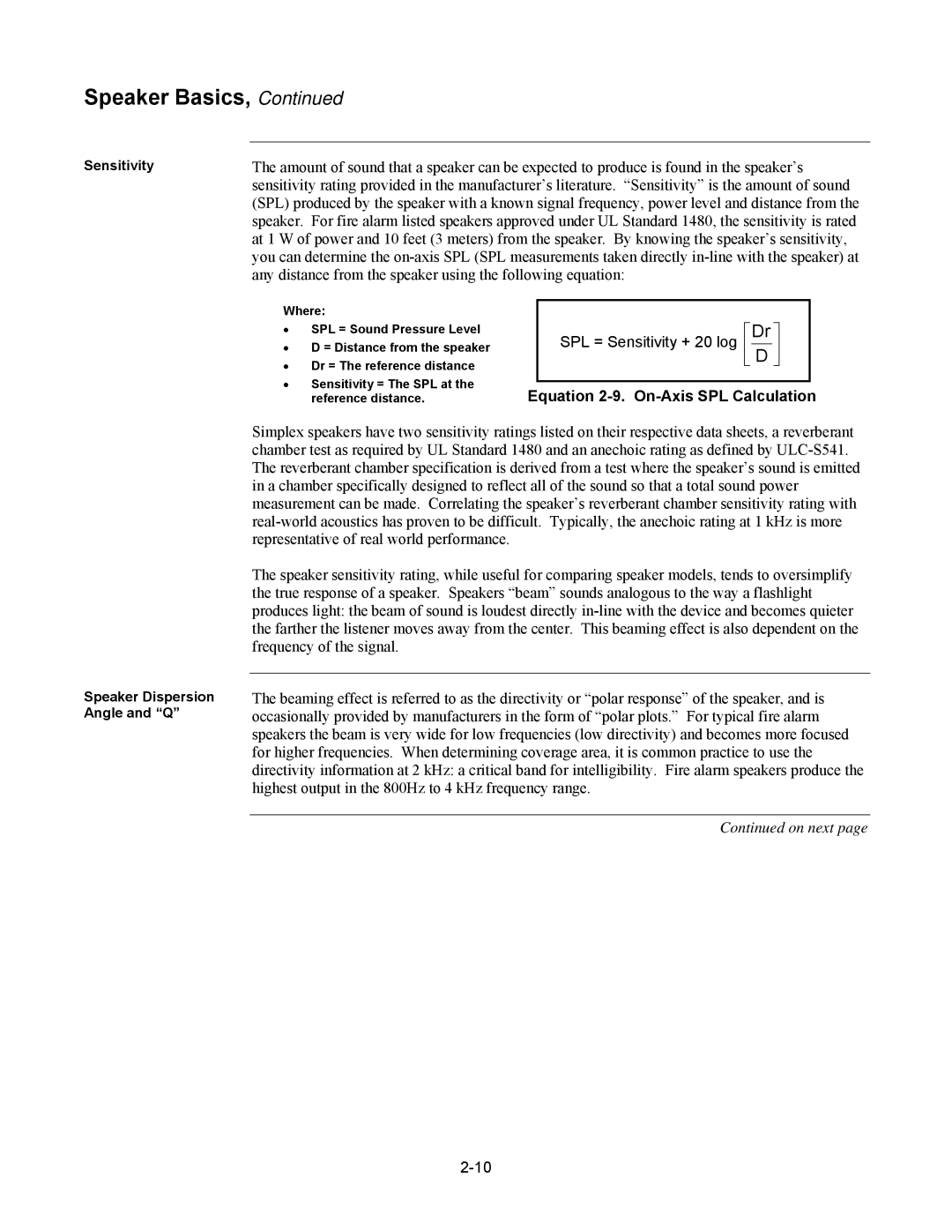 Tyco 579-769 specifications SPL = Sensitivity + 20 log, Equation 2-9. On-Axis SPL Calculation 