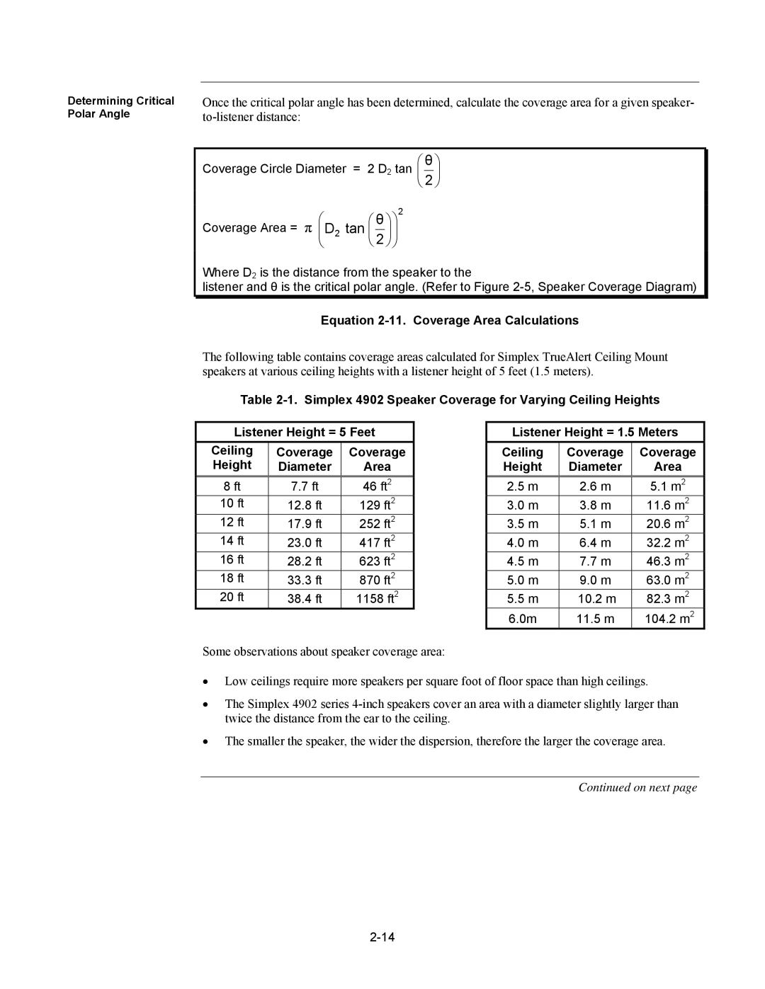 Tyco 579-769 Equation 2-11. Coverage Area Calculations, Listener Height = 1.5 Meters Ceiling Coverage Diameter 