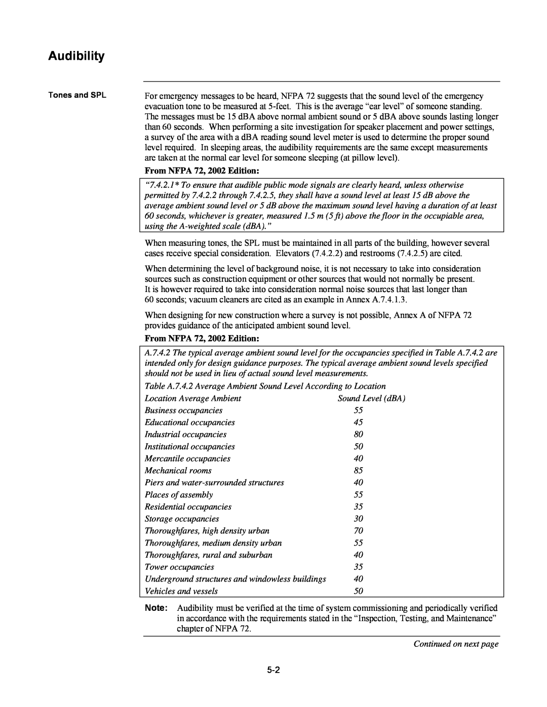 Tyco 579-769 specifications Audibility, From NFPA 72, 2002 Edition 