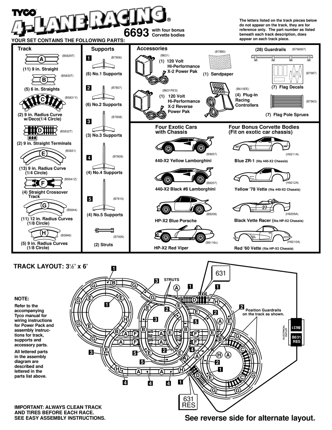 Tyco 6693 manual Track Layout 31⁄2 ’ x 6’ 631, Track Supports Accessories, Four Exotic Cars Four Bonus Corvette Bodies 