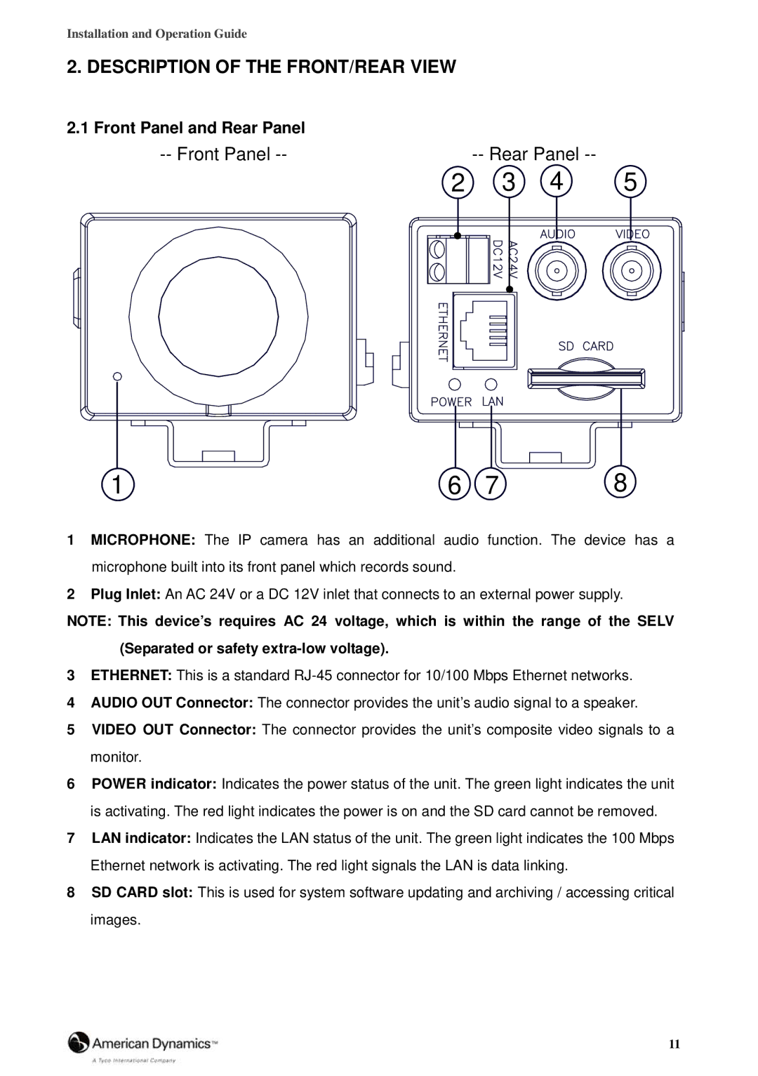 Tyco 8200-2646-00 B0 manual Description of the FRONT/REAR View, Front Panel and Rear Panel 