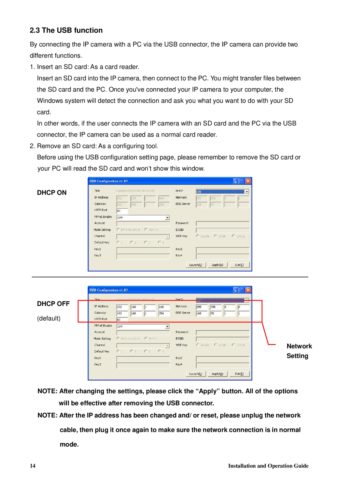 Tyco 8200-2646-00 B0 manual USB function, Dhcp on Dhcp OFF 