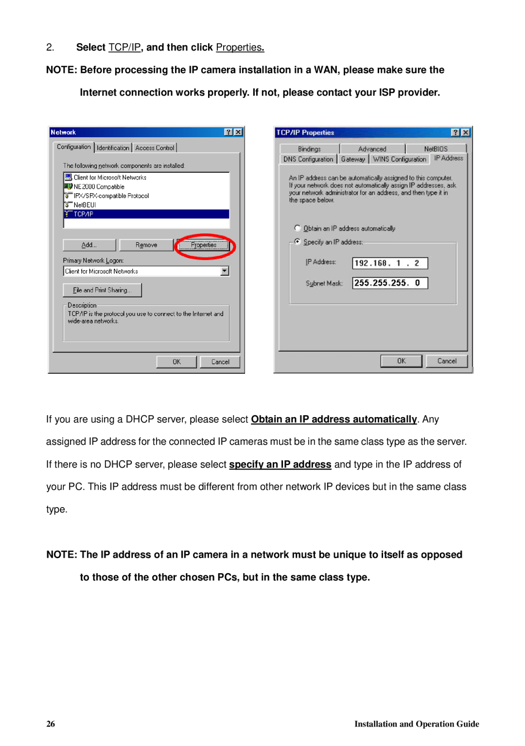 Tyco 8200-2646-00 B0 manual Select TCP/IP, and then click Properties 