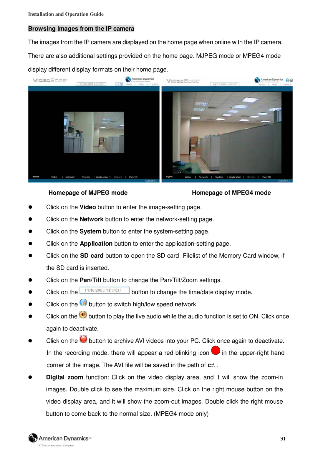 Tyco 8200-2646-00 B0 manual Browsing images from the IP camera, Homepage of Mjpeg mode 