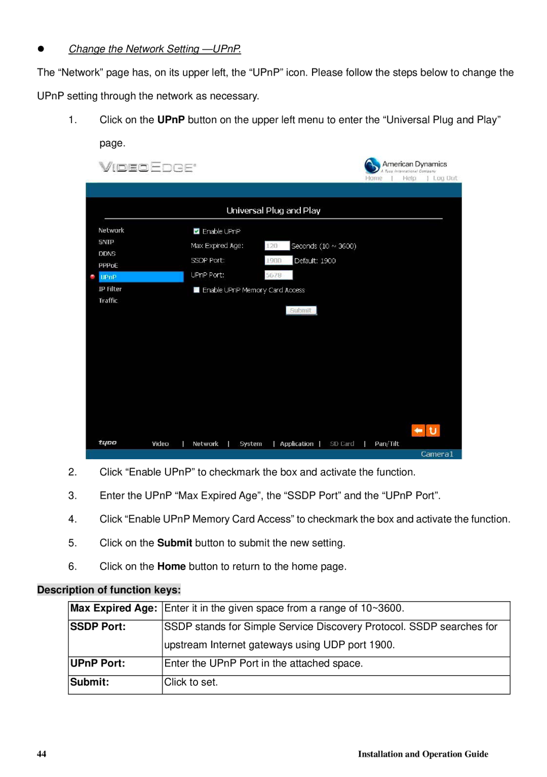 Tyco 8200-2646-00 B0 manual Change the Network Setting -UPnP, Description of function keys, Ssdp Port, UPnP Port 