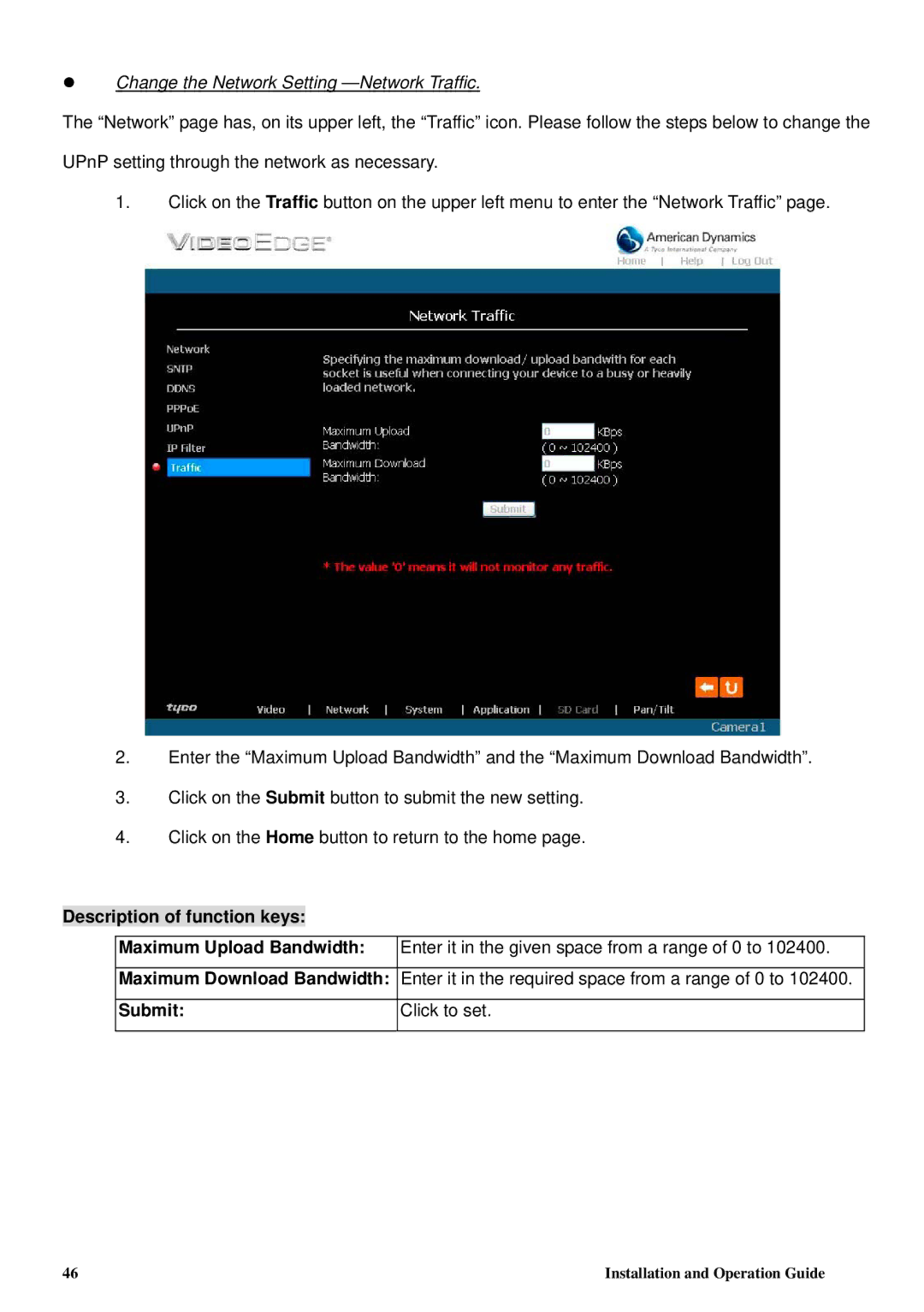 Tyco 8200-2646-00 B0 Change the Network Setting -Network Traffic, Description of function keys Maximum Upload Bandwidth 