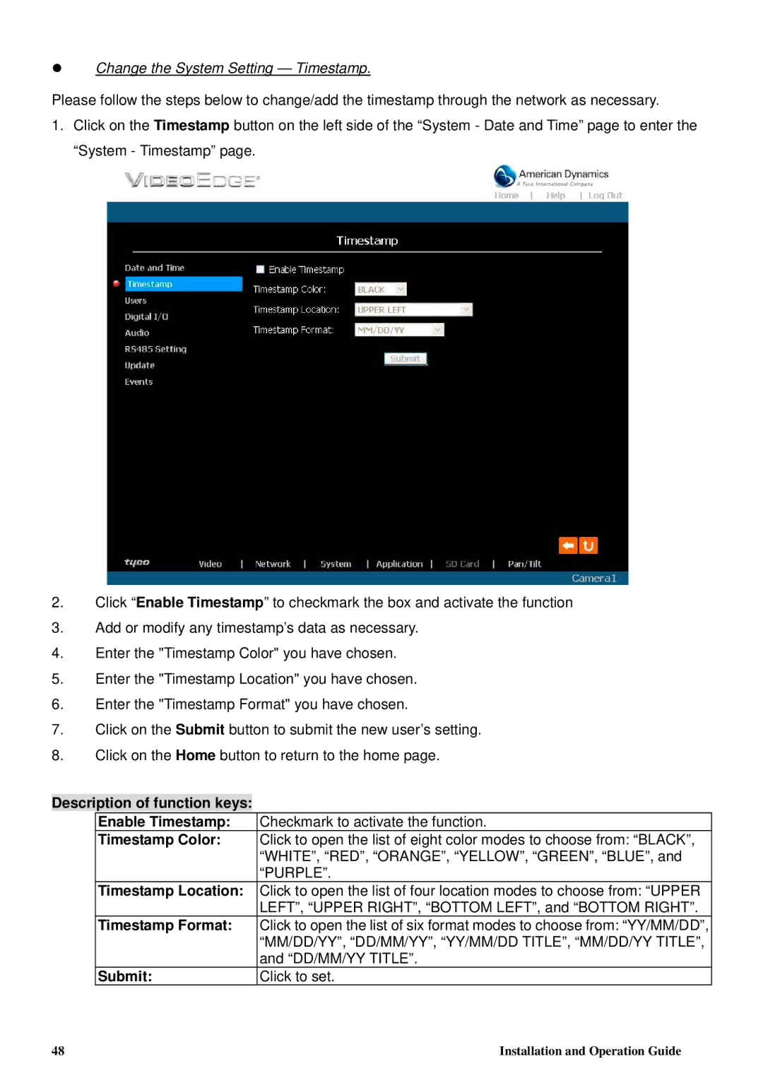 Tyco 8200-2646-00 B0 Change the System Setting Timestamp, Description of function keys Enable Timestamp, Timestamp Color 