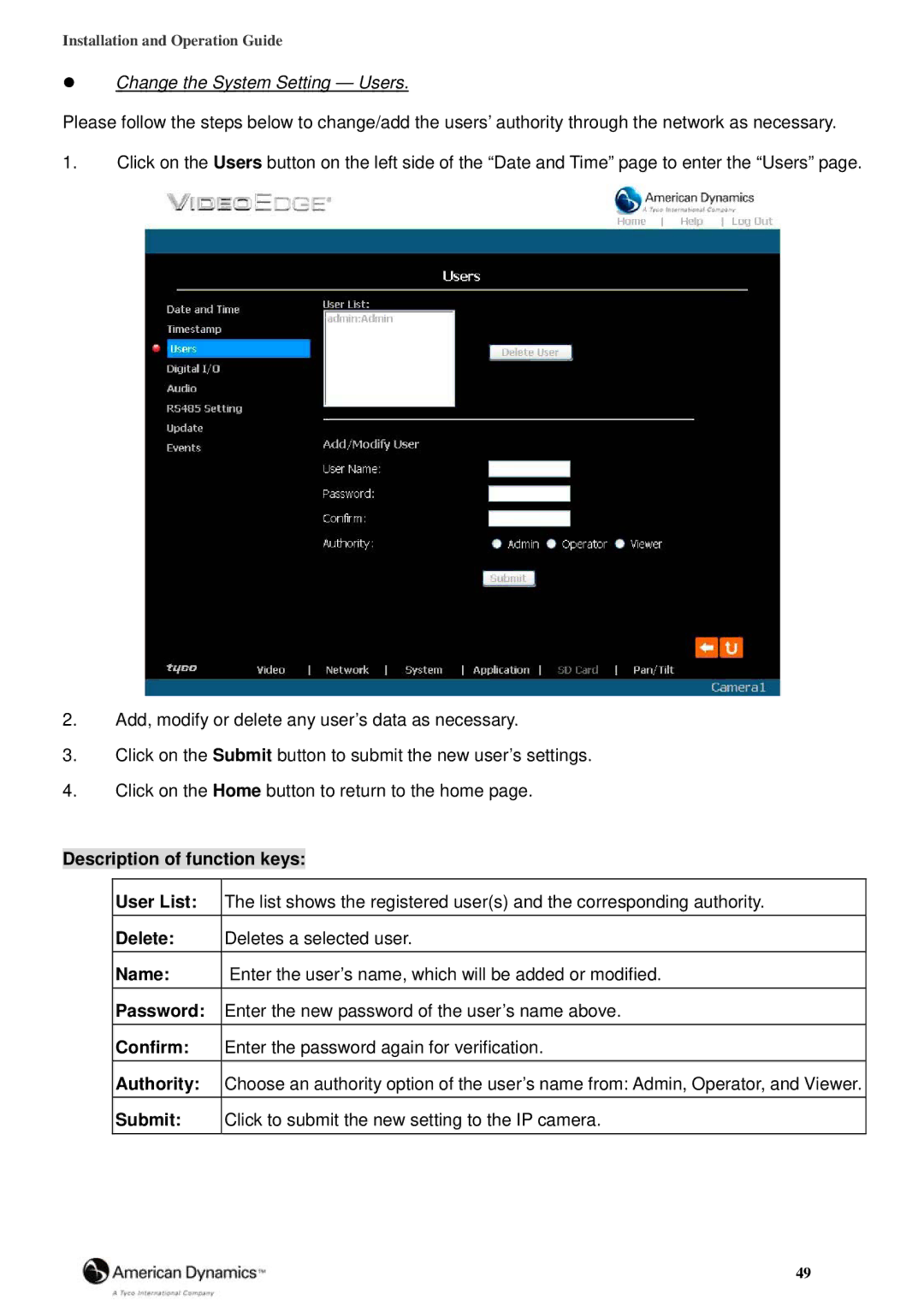 Tyco 8200-2646-00 B0 manual Change the System Setting Users 