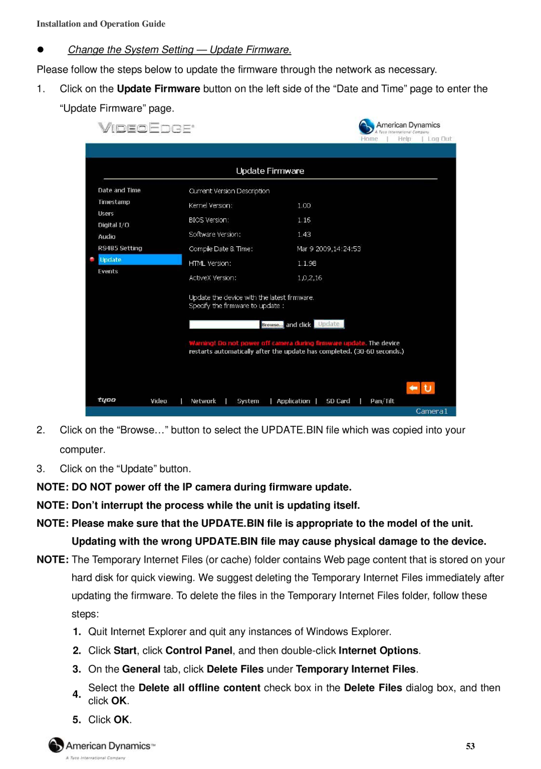 Tyco 8200-2646-00 B0 manual Change the System Setting Update Firmware 