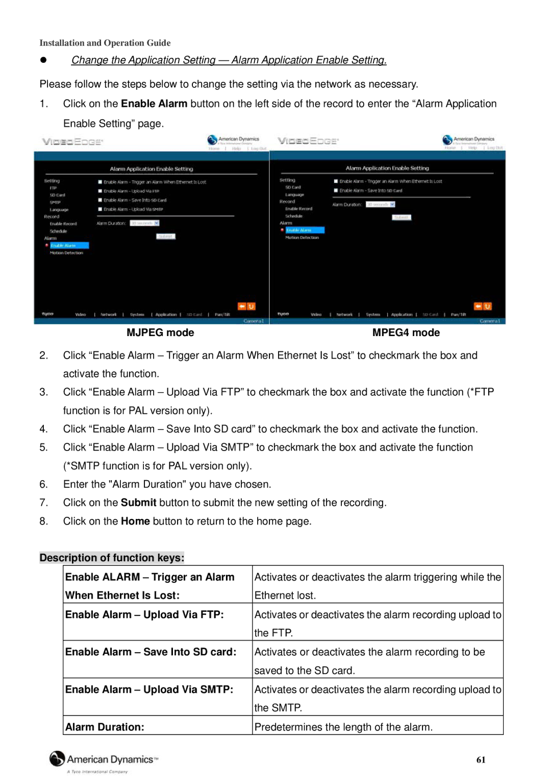 Tyco 8200-2646-00 B0 manual Description of function keys Enable Alarm Trigger an Alarm, Ftp, Smtp 