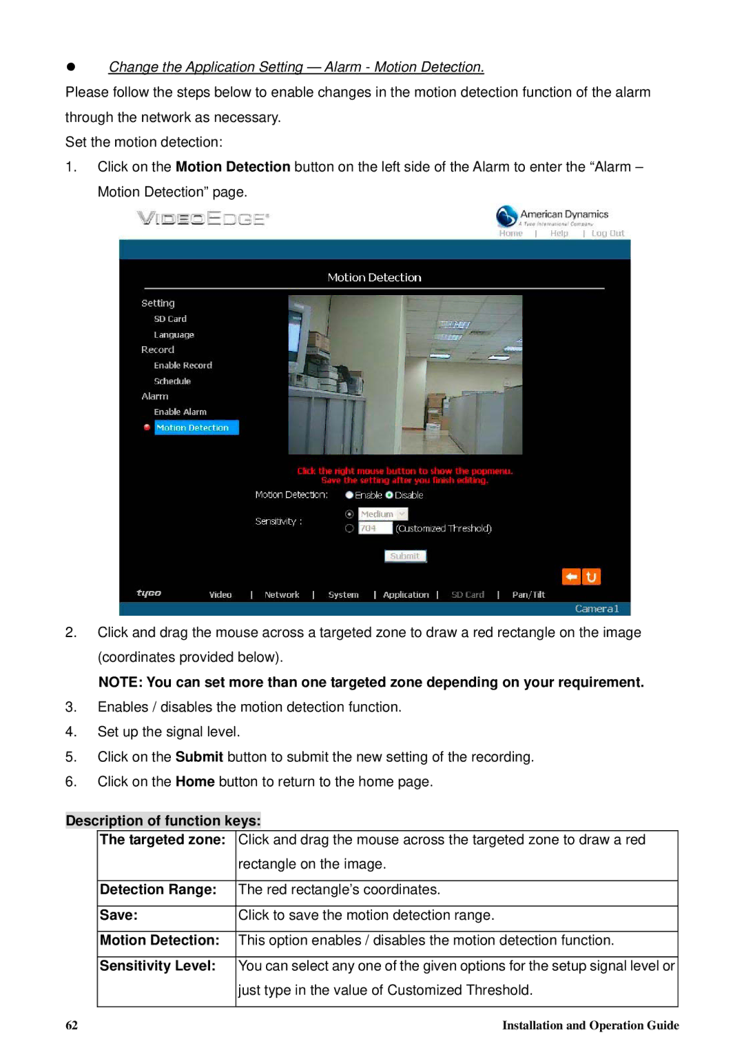 Tyco 8200-2646-00 B0 manual Change the Application Setting Alarm Motion Detection, Description of function keys 