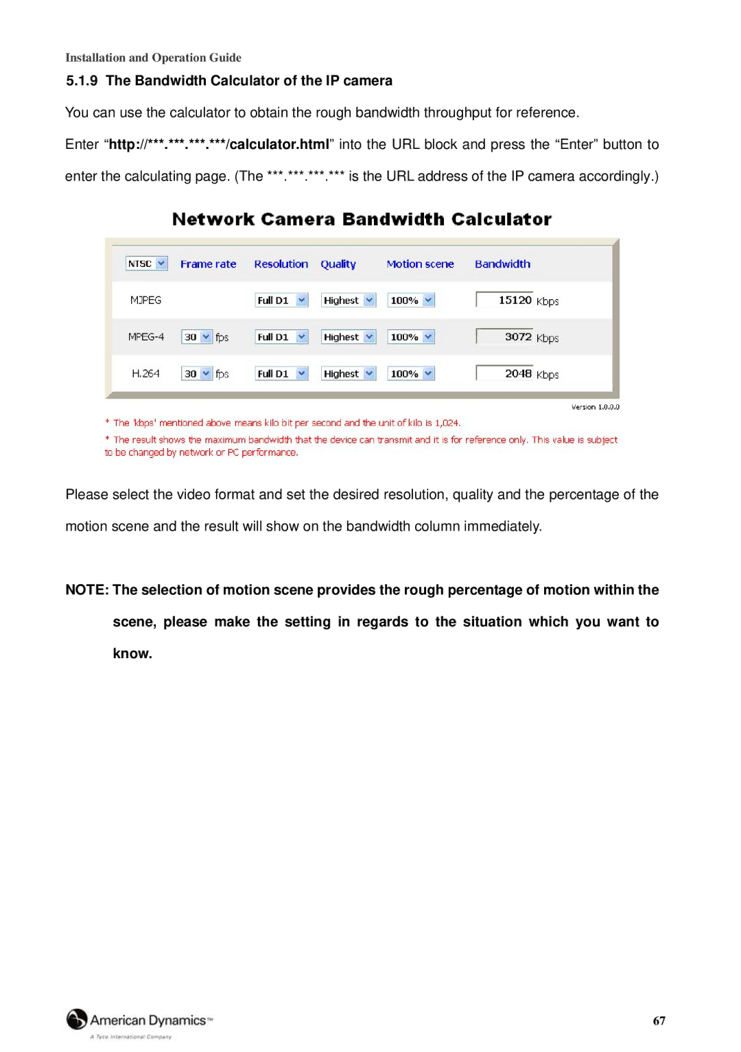 Tyco 8200-2646-00 B0 manual Bandwidth Calculator of the IP camera 