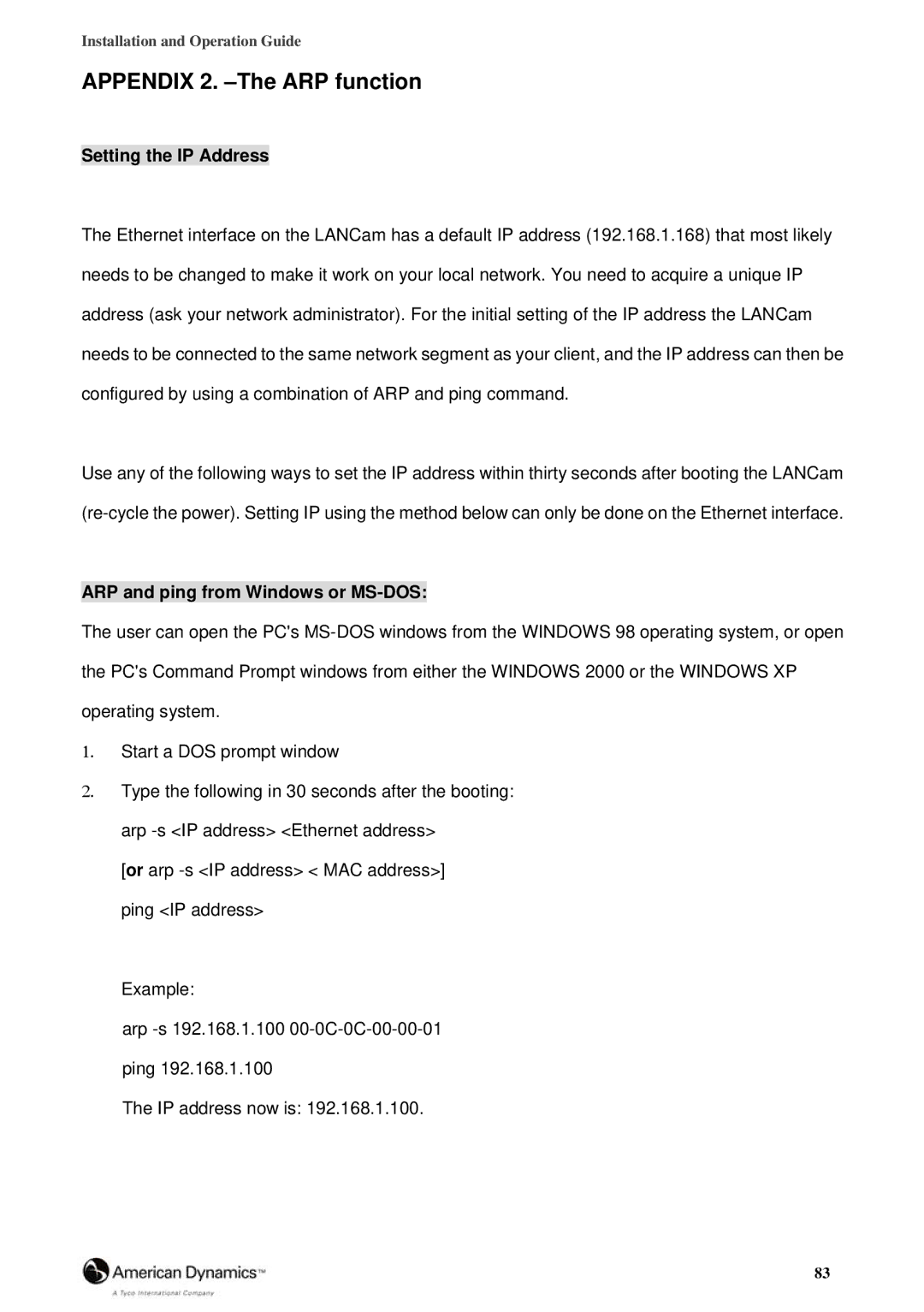 Tyco 8200-2646-00 B0 manual Setting the IP Address, ARP and ping from Windows or MS-DOS 