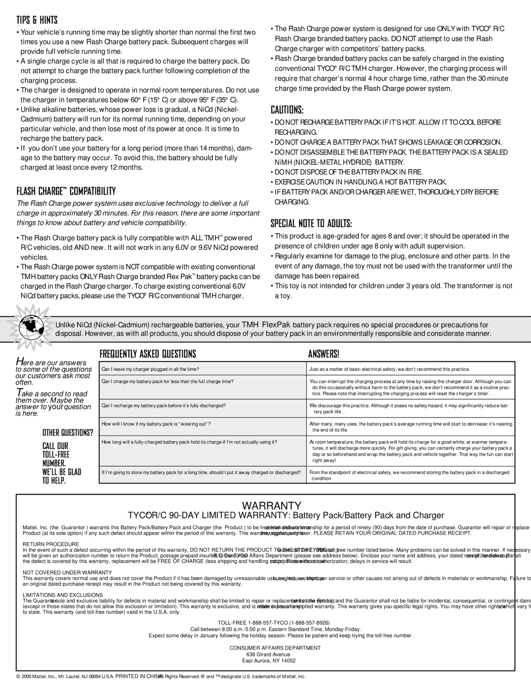 Tyco 92136-0920 manual Tips & Hints, Flash Charge Compatibility, Special Note to Adults, Frequently Asked Questions Answers 