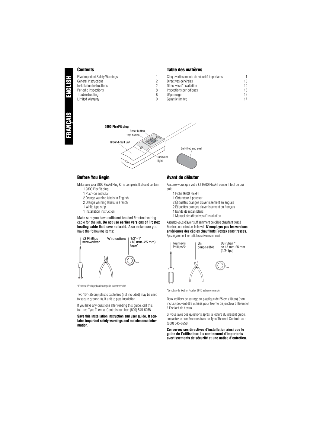 Tyco 9800 installation instructions Contents, Table des matières, Before You Begin, Avant de débuter 