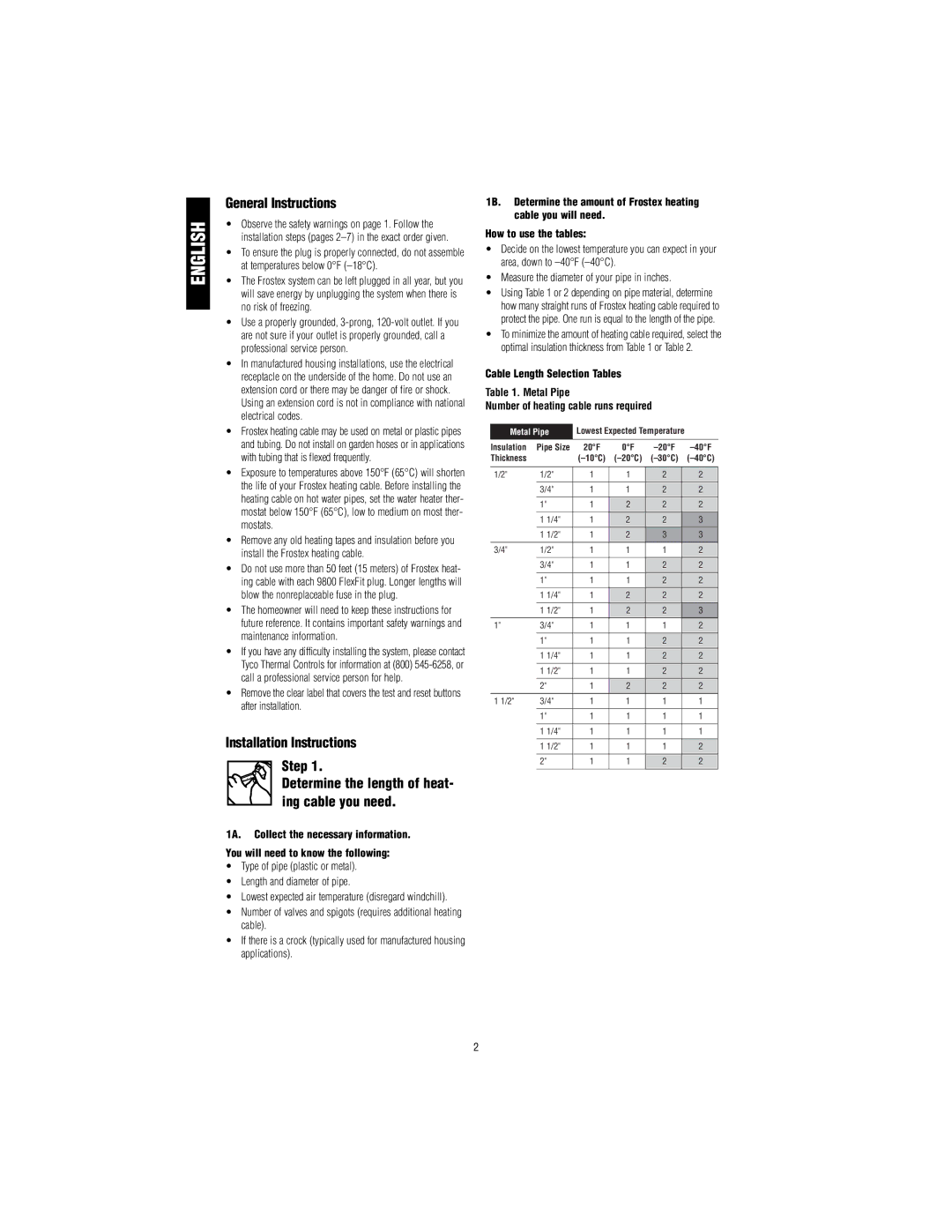 Tyco 9800 installation instructions General Instructions, Type of pipe plastic or metal Length and diameter of pipe 