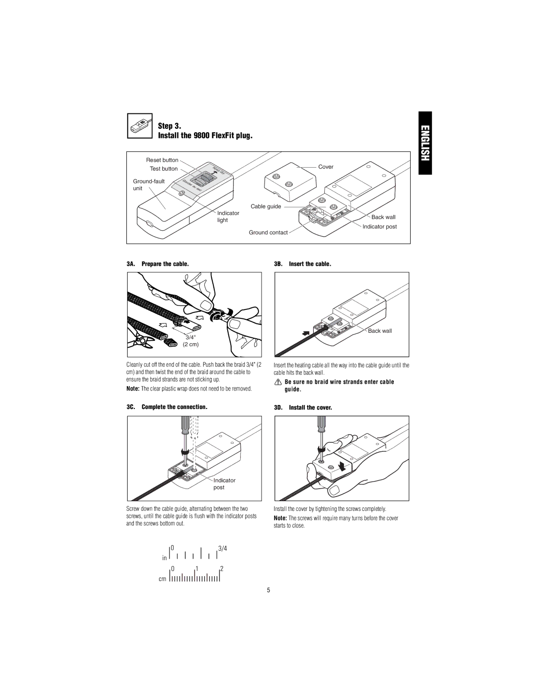 Tyco Step Install the 9800 FlexFit plug, 3A. Prepare the cable, 3B. Insert the cable, 3D. Install the cover 