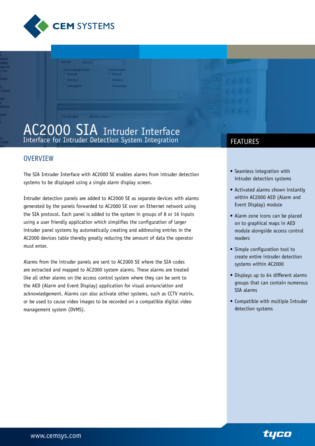 Tyco manual AC2000 SIA Intruder Interface, Interface for Intruder Detection System Integration, Overview, Features 