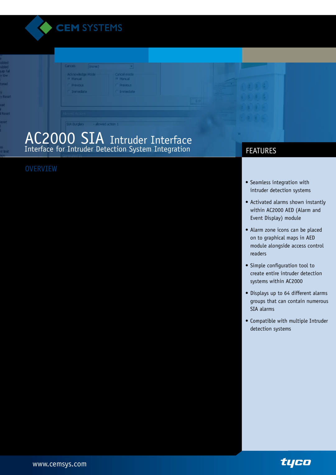 Tyco manual Interface for Intruder Detection System Integration, Features, AC2000 SIA Intruder Interface, Overview 