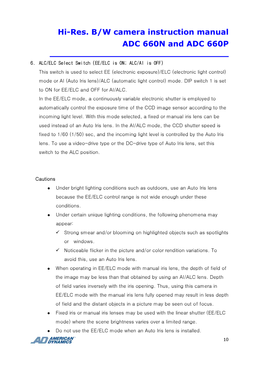 Tyco ADC 660P instruction manual ALC/ELC Select Switch EE/ELC is on ALC/AI is OFF 