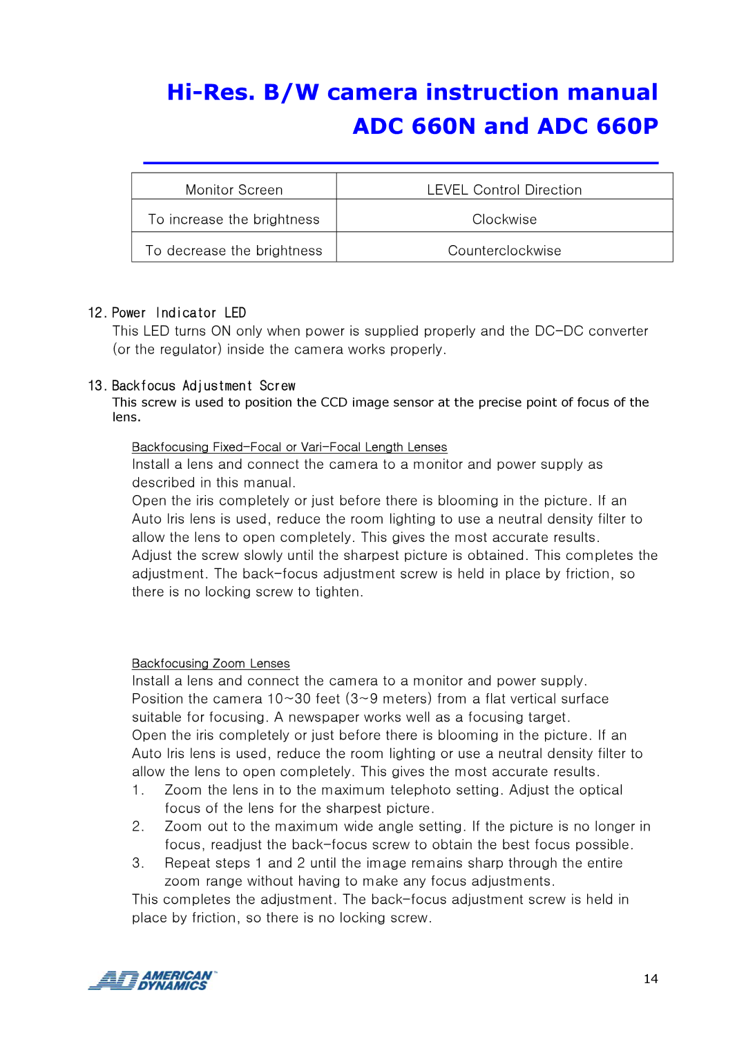 Tyco ADC 660P instruction manual Power Indicator LED, Backfocus Adjustment Screw 