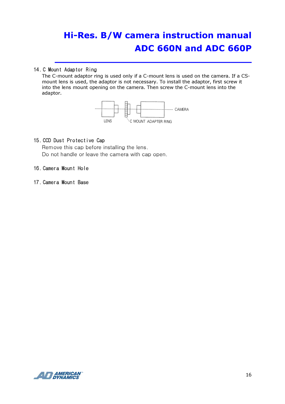 Tyco ADC 660P instruction manual Mount Adaptor Ring, CCD Dust Protective Cap, Camera Mount Hole Camera Mount Base 
