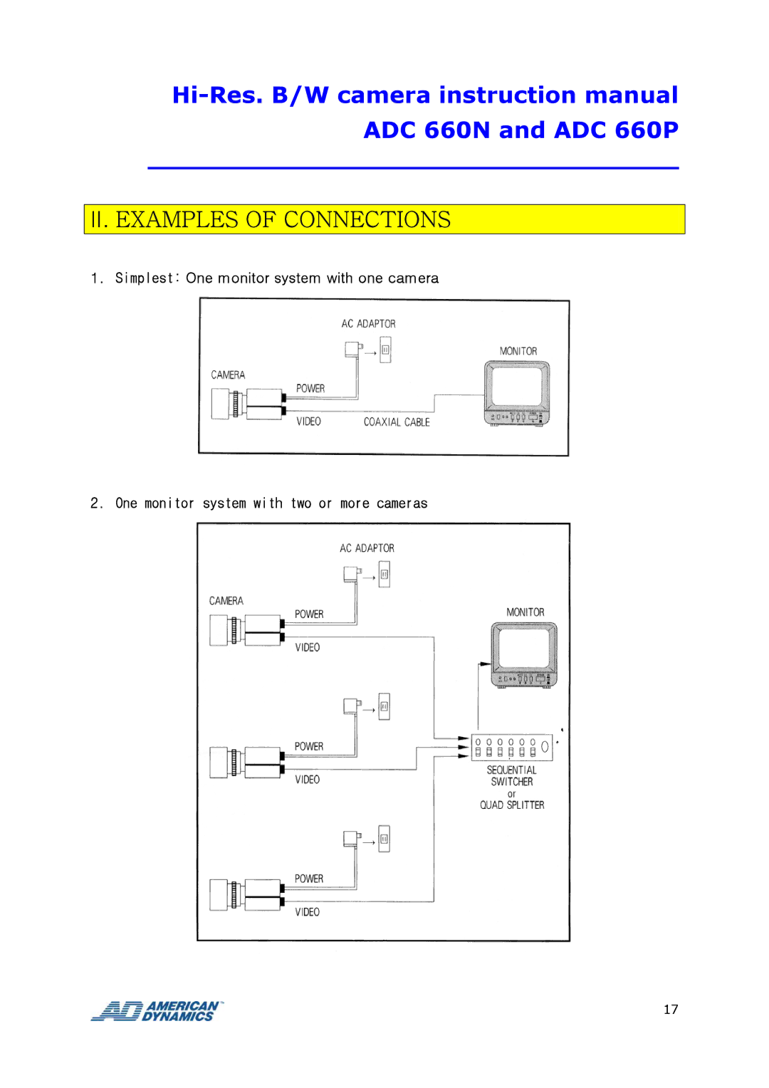 Tyco ADC 660P instruction manual One monitor system with two or more cameras 