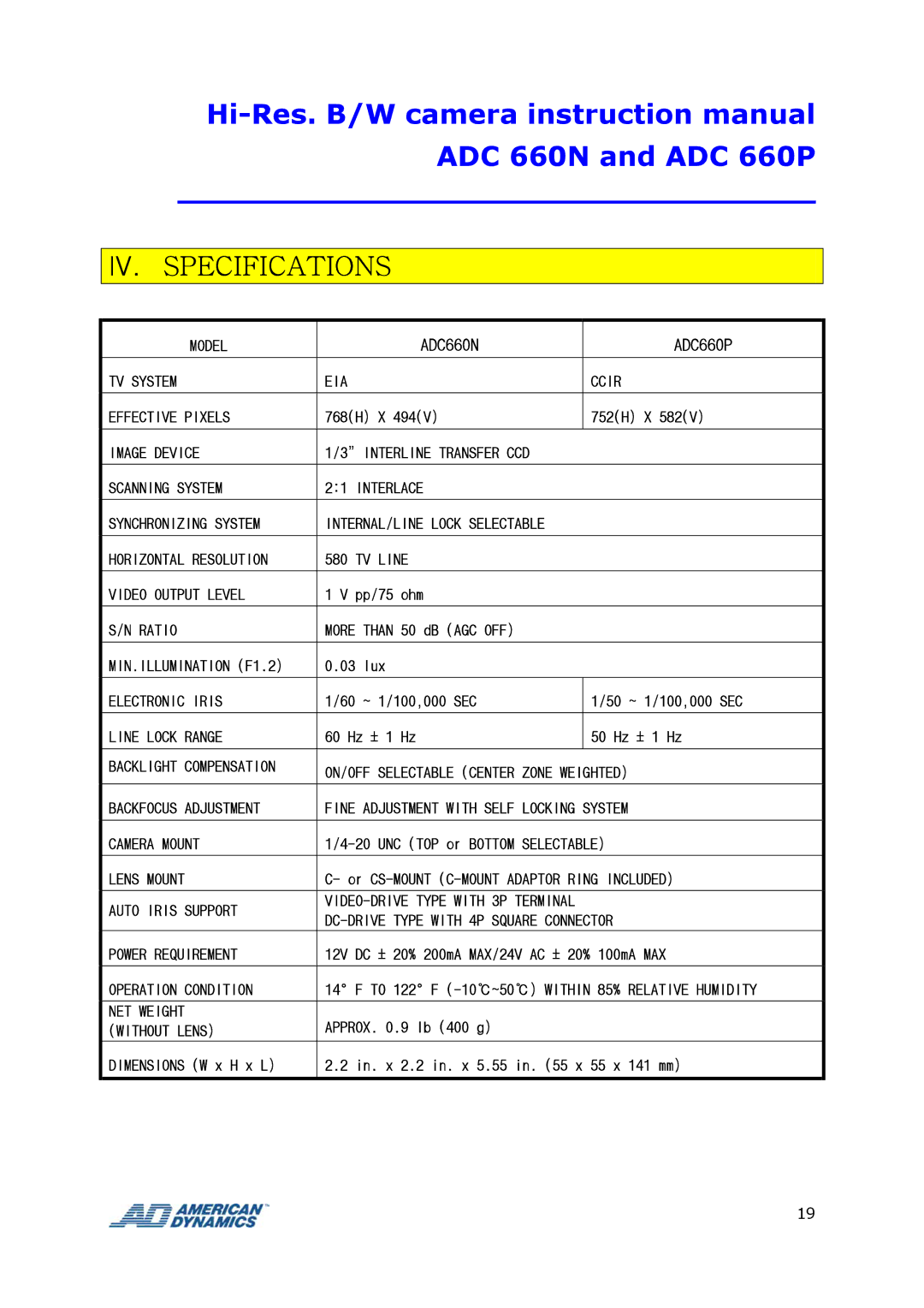 Tyco ADC 660P instruction manual IV. Specifications 