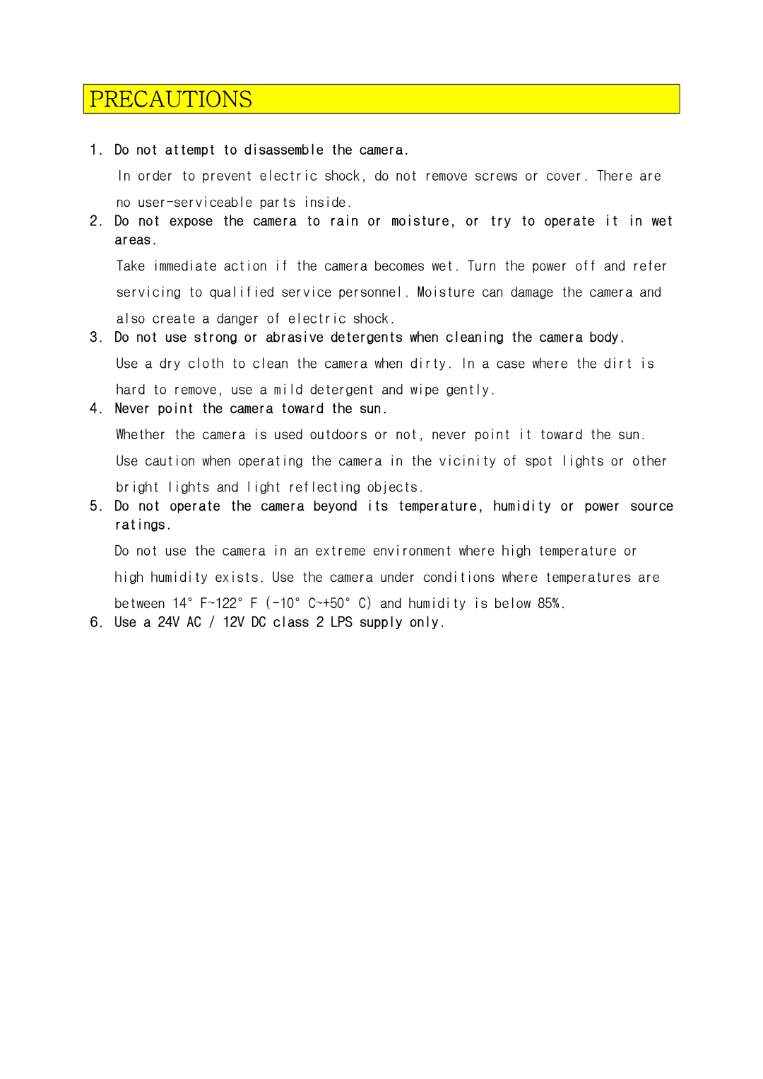 Tyco ADC 660P instruction manual Do not attempt to disassemble the camera, Never point the camera toward the sun 