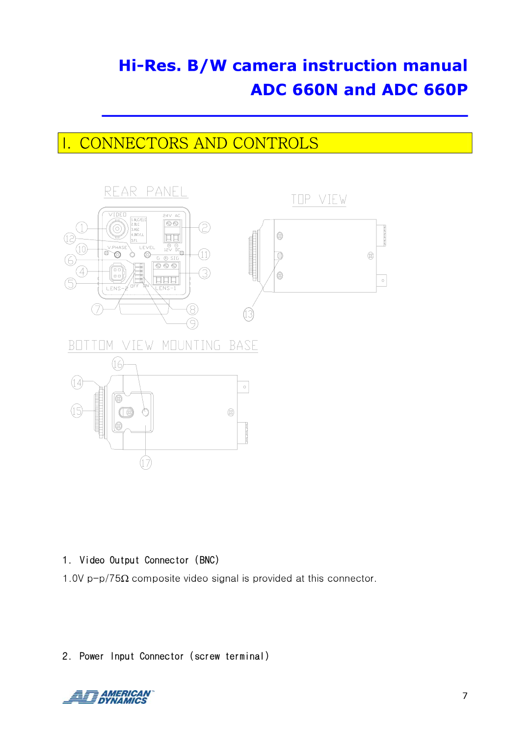 Tyco ADC 660P instruction manual Video Output Connector BNC, Power Input Connector screw terminal 