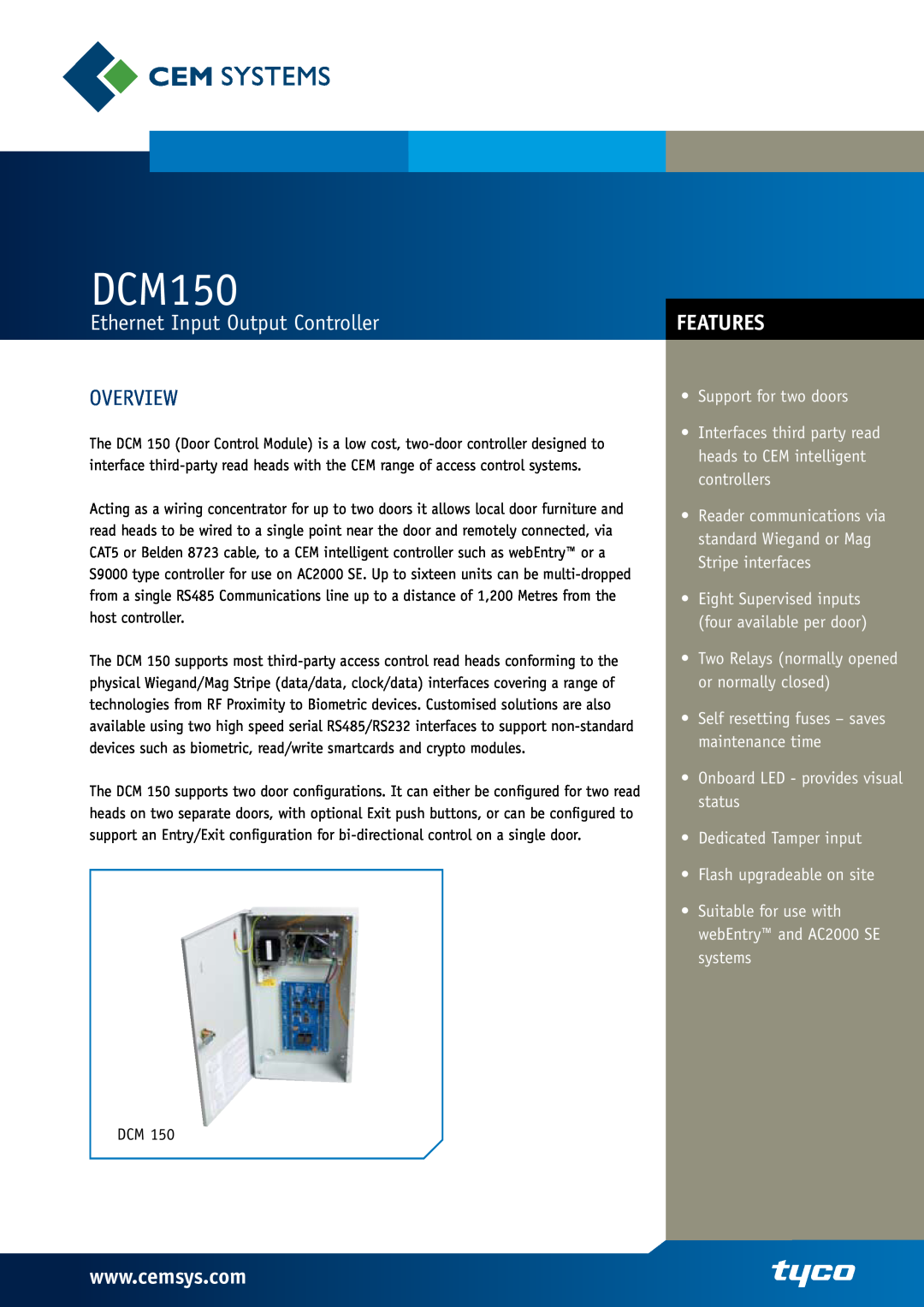 Tyco DCM 150 manual DCM150, Ethernet Input Output Controller, Overview, Features, Support for two doors 