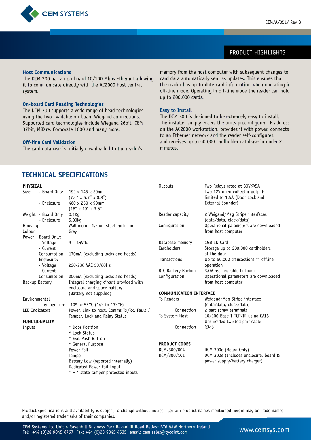 Tyco DCM 300 Technical Specifications, Host Communications, On-board Card Reading Technologies, Off-line Card Validation 