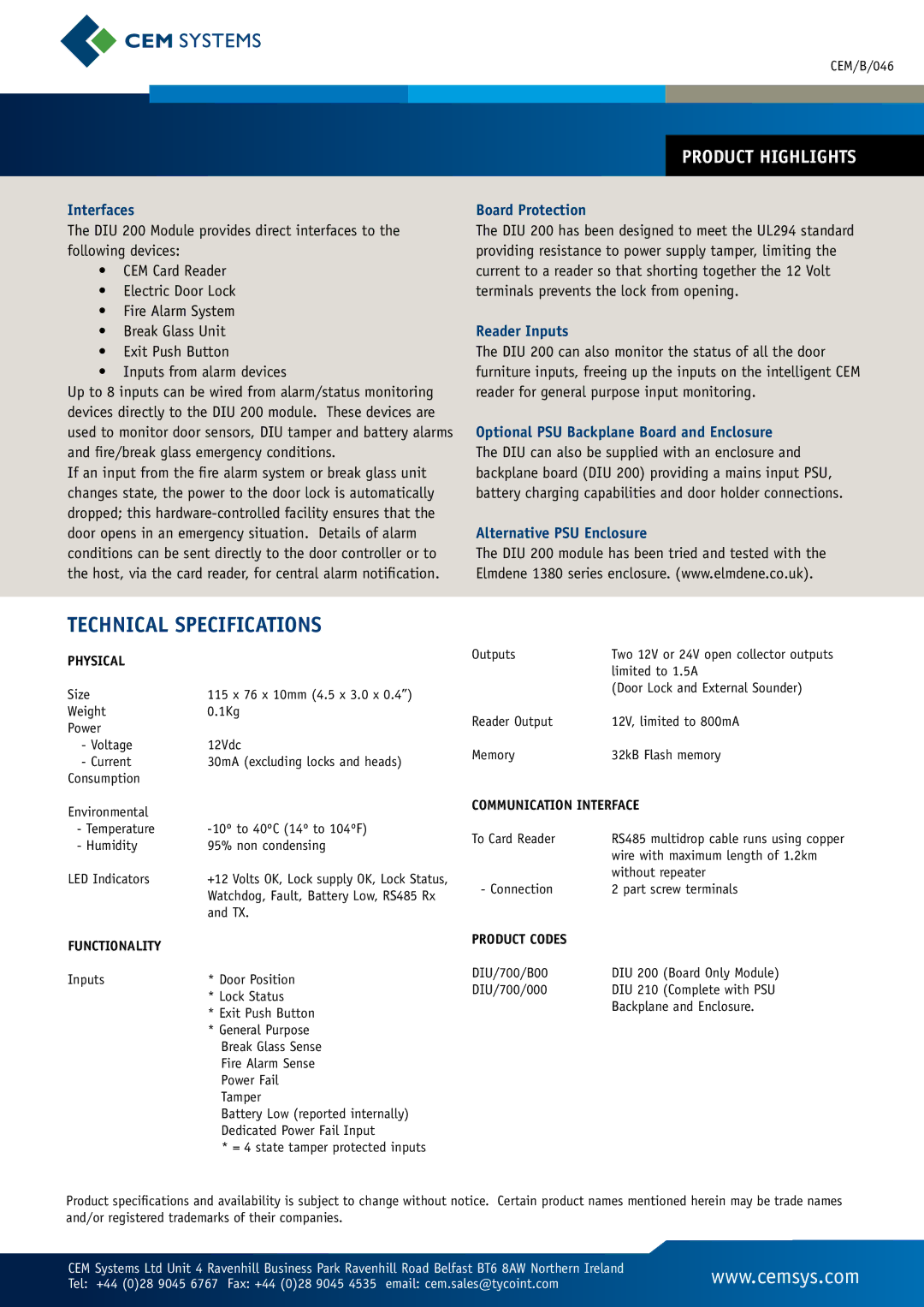 Tyco DIU 200 manual Technical Specifications, Interfaces, Board Protection, Reader Inputs, Alternative PSU Enclosure 