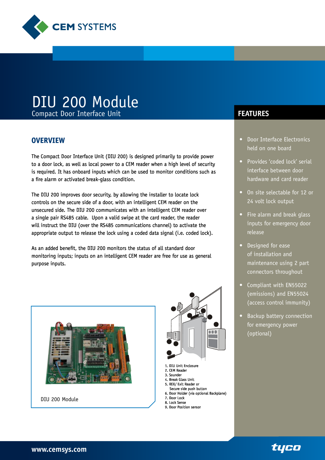 Tyco manual Overview, DIU 200 Module, Compact Door Interface Unit, Features, access control immunity 