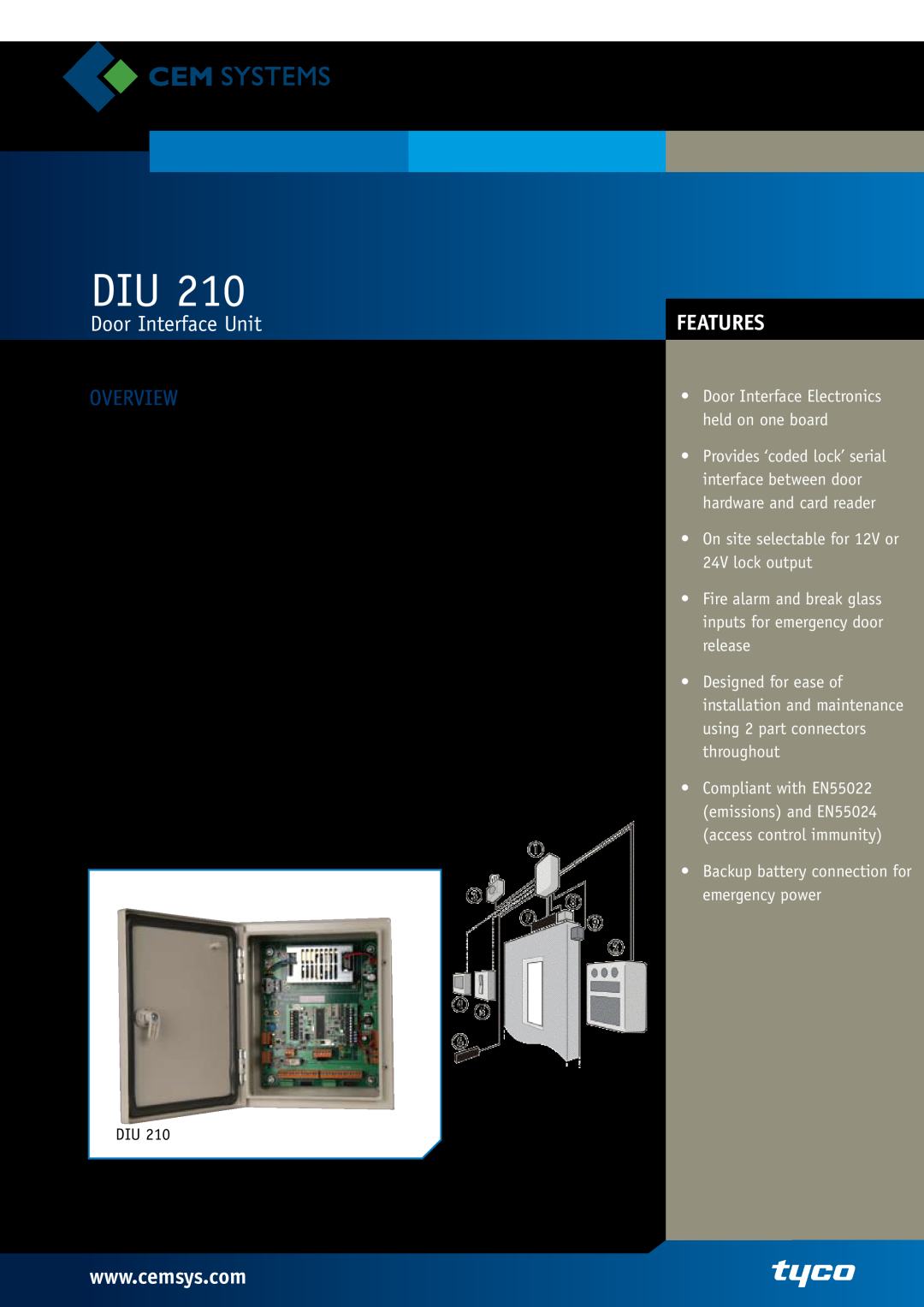 Tyco DIU 210 manual Door Interface Unit, Overview, Features, On site selectable for 12V or 24V lock output 