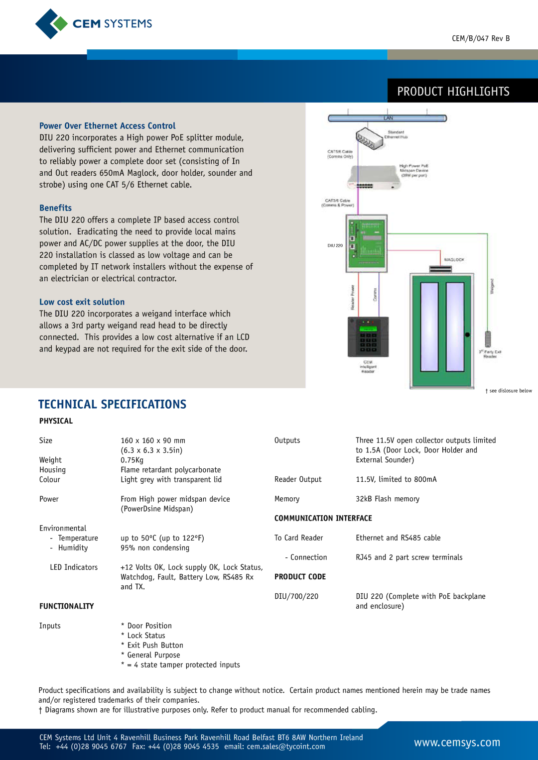 Tyco DIU 220 manual Power Over Ethernet Access Control, Benefits, Low cost exit solution 