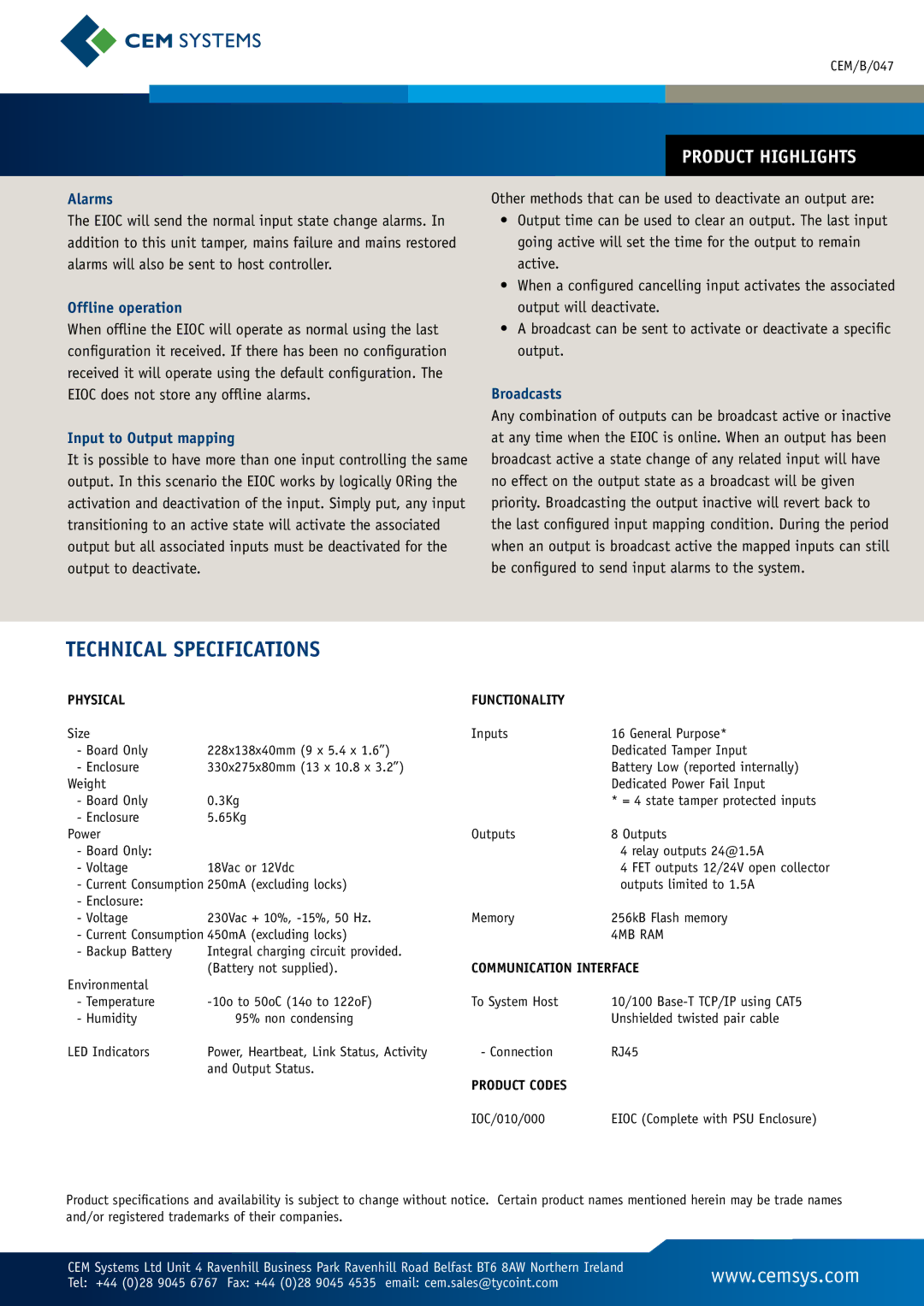 Tyco EIOC manual Alarms, Offline operation, Input to Output mapping, Broadcasts 