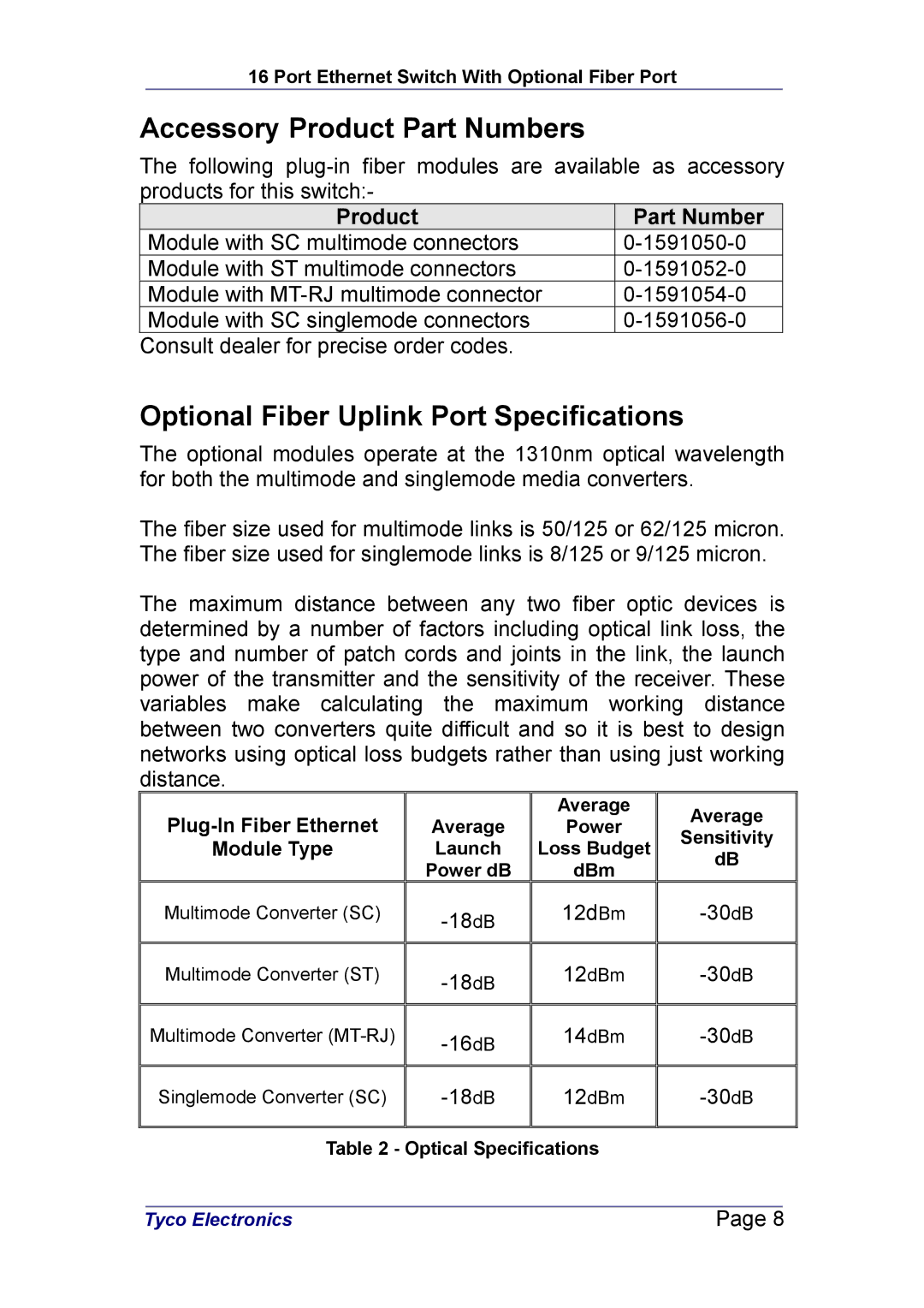 Tyco Electronics 0-1591046-X manual Accessory Product Part Numbers, Optional Fiber Uplink Port Specifications 