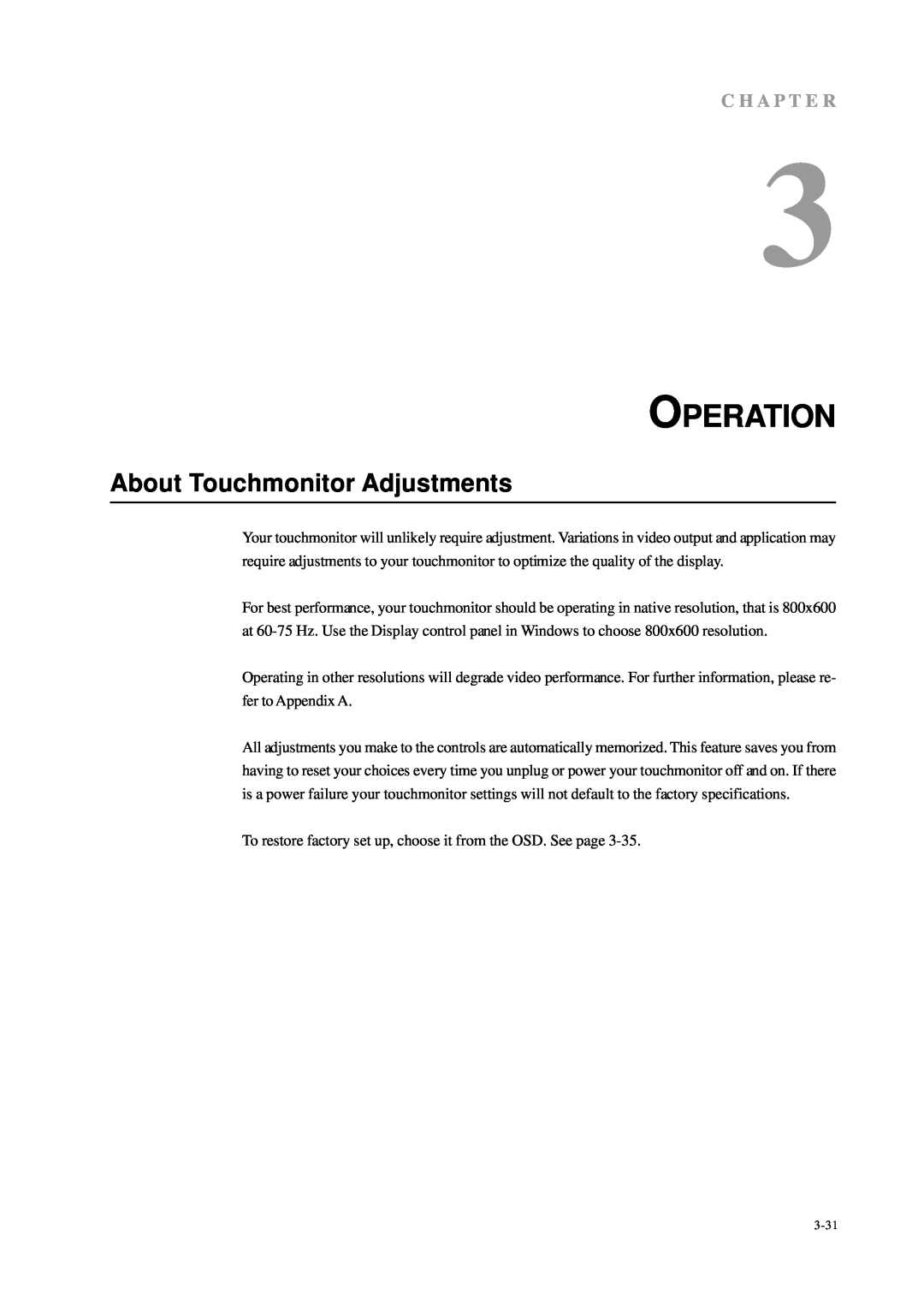 Tyco Electronics 1229L manual Operation, About Touchmonitor Adjustments, C H A P T E R 